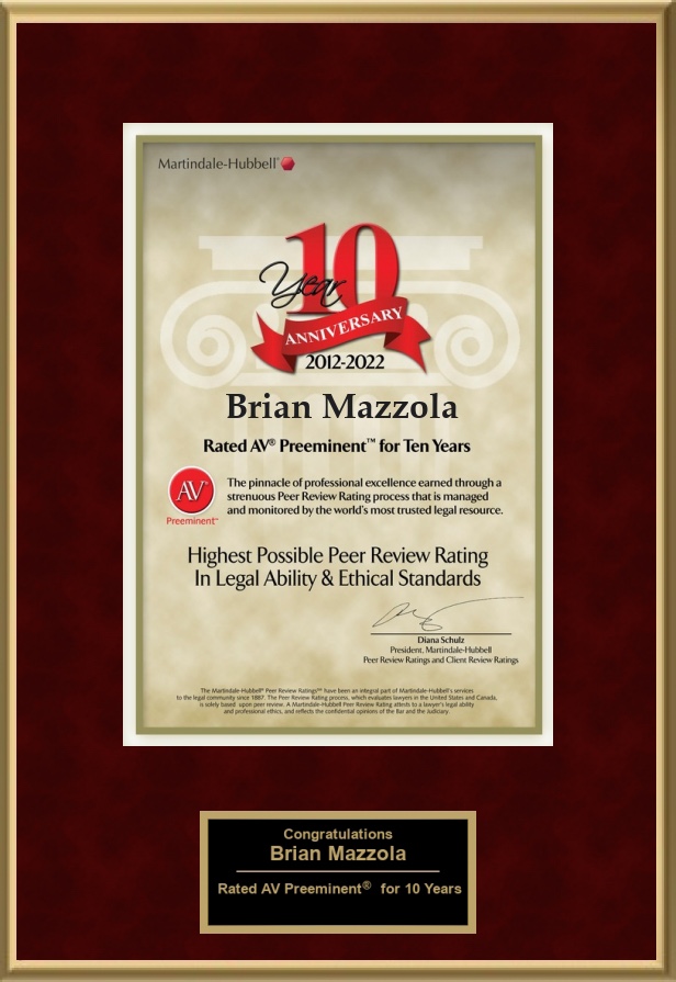 Brian N. Mazzola Receives Highest Possible Attorney Rating for 10th Consecutive Year